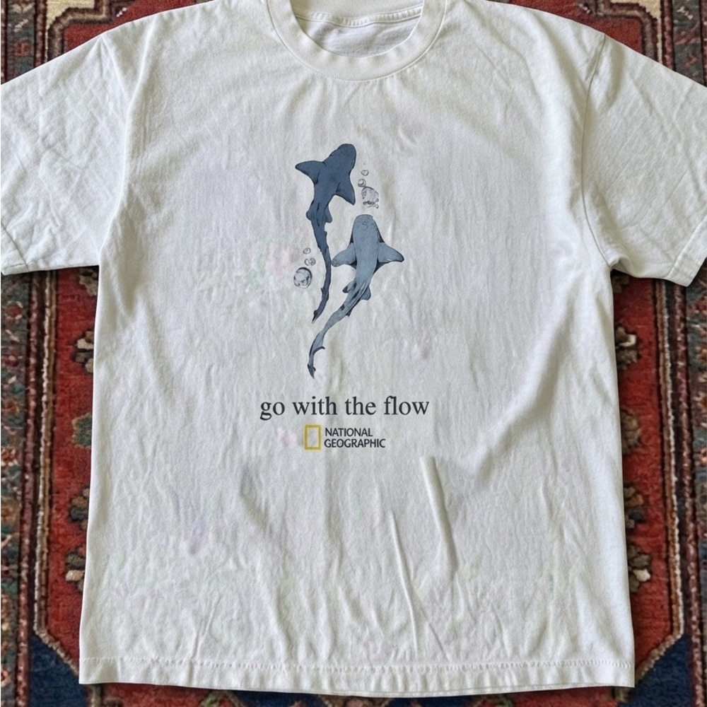 National Geographic White Tee with Blue Shark Graphic